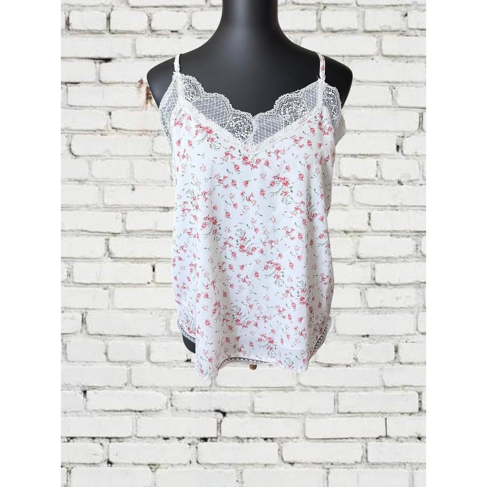 Heyson Cami Top Womens Small White Pink Floral Lace Trim V-Neck Adjustable Strap